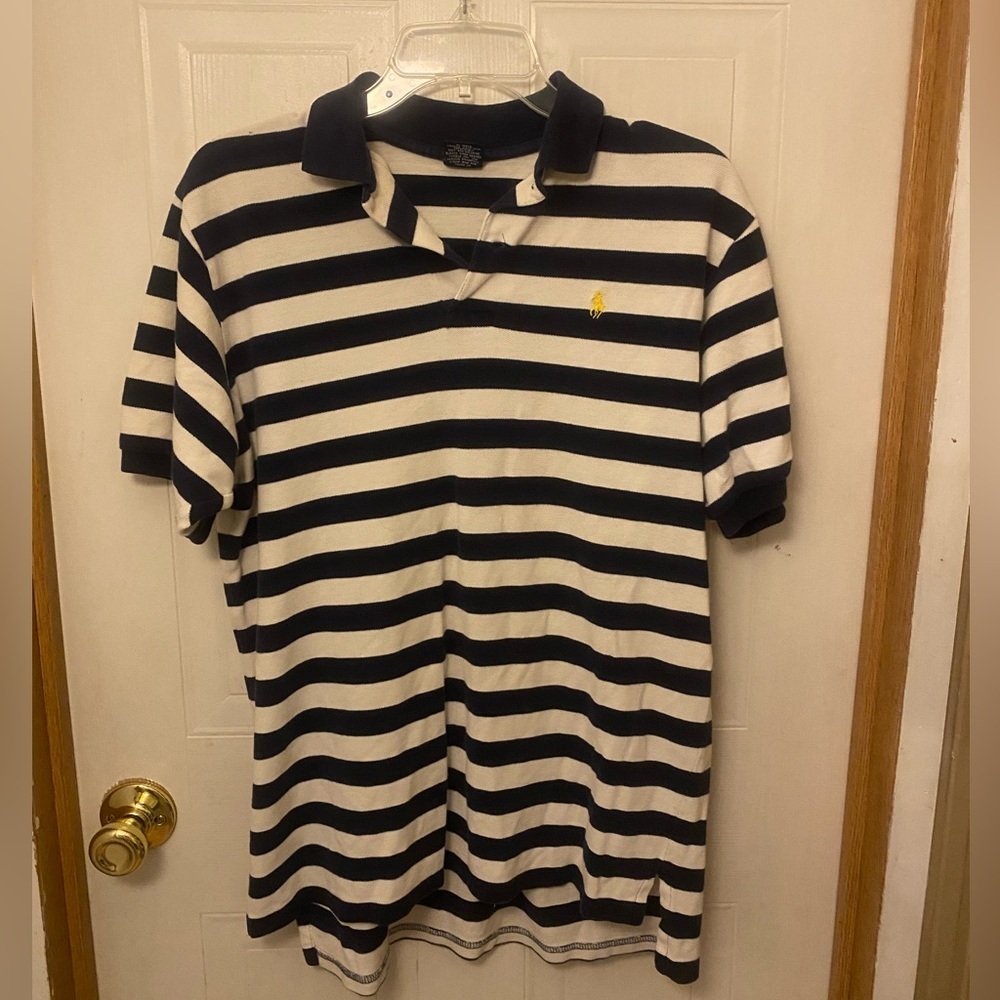 Polo by Ralph Lauren Navy & White Striped Polo with Yellow Pony